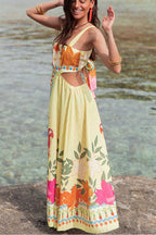 Resort Style Unique Print Sexy Square Neck Backless Waist Maxi Dress