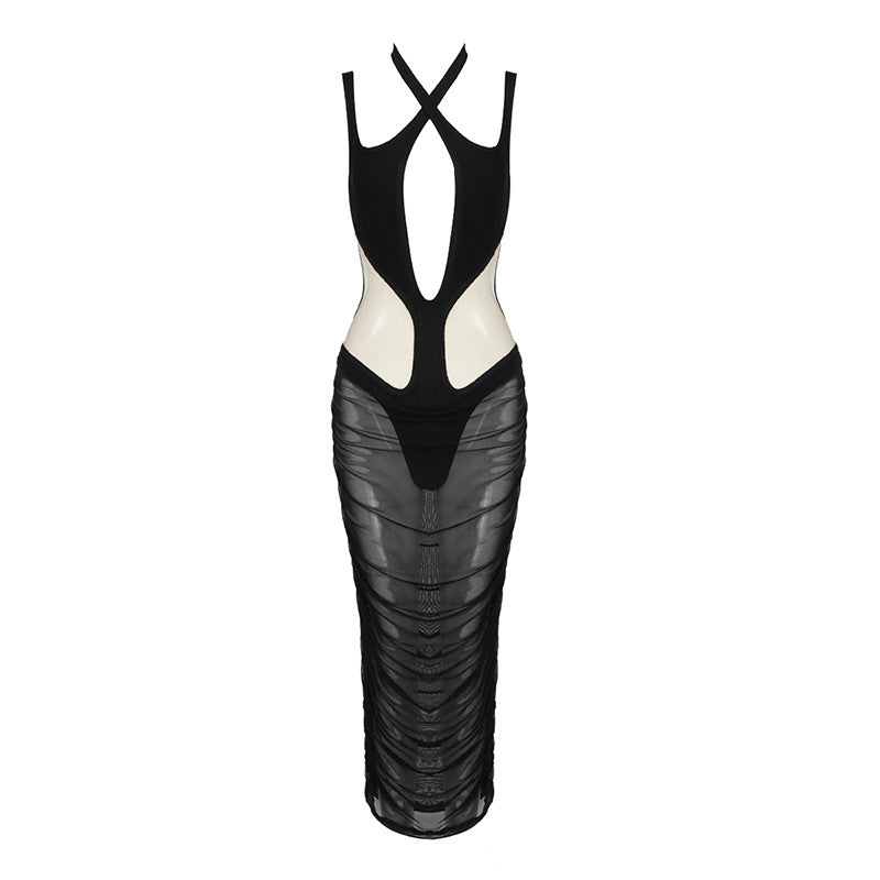 Mesh Hollow Out Cutout Semi - Transparent Slim Fit Maxi Dress Dress Bandage Catwalk