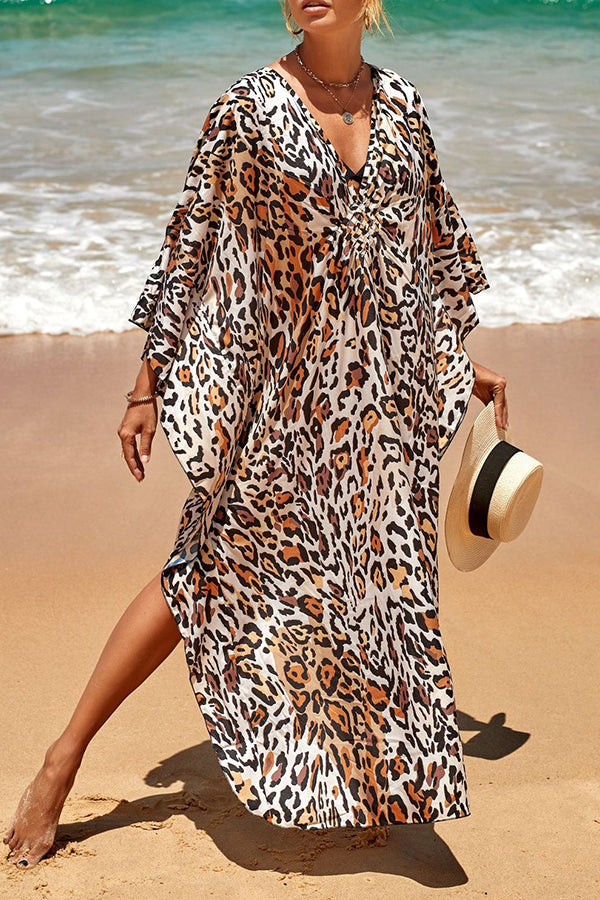 Simple Unique Printed Pleated Front Slit Cover Up
