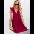 Pam Cotton Pocketed Tiered Eyelet Dress Red