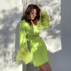 DressBetty - Lace-up Fur Sleeves V-neck Dress