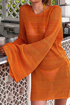 Knitted Dolman Sleeves Cutout Crew Neck Tie Backless Cover Up