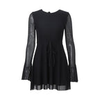 Fall Women Clothing Sexy Park Caiying Same Crew Neck Trumpet Long Sleeve Mesh Dress