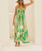 Ladies Strapless V-neck Women's Beach Halter Backless Printed Fairy Long Temperament Dresses Swing Dresses