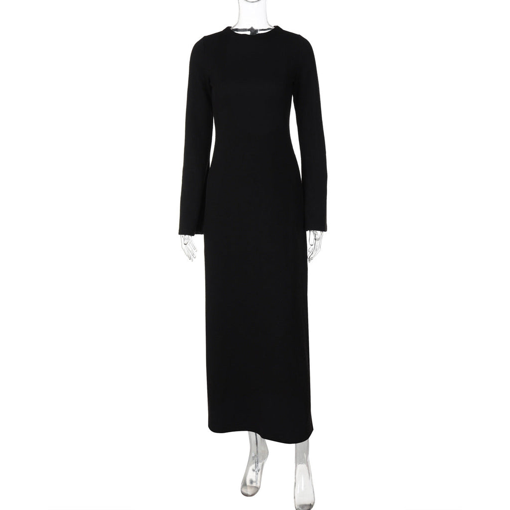 Solid Color Backless Long Sleeves Lace up Slim Fit Dress