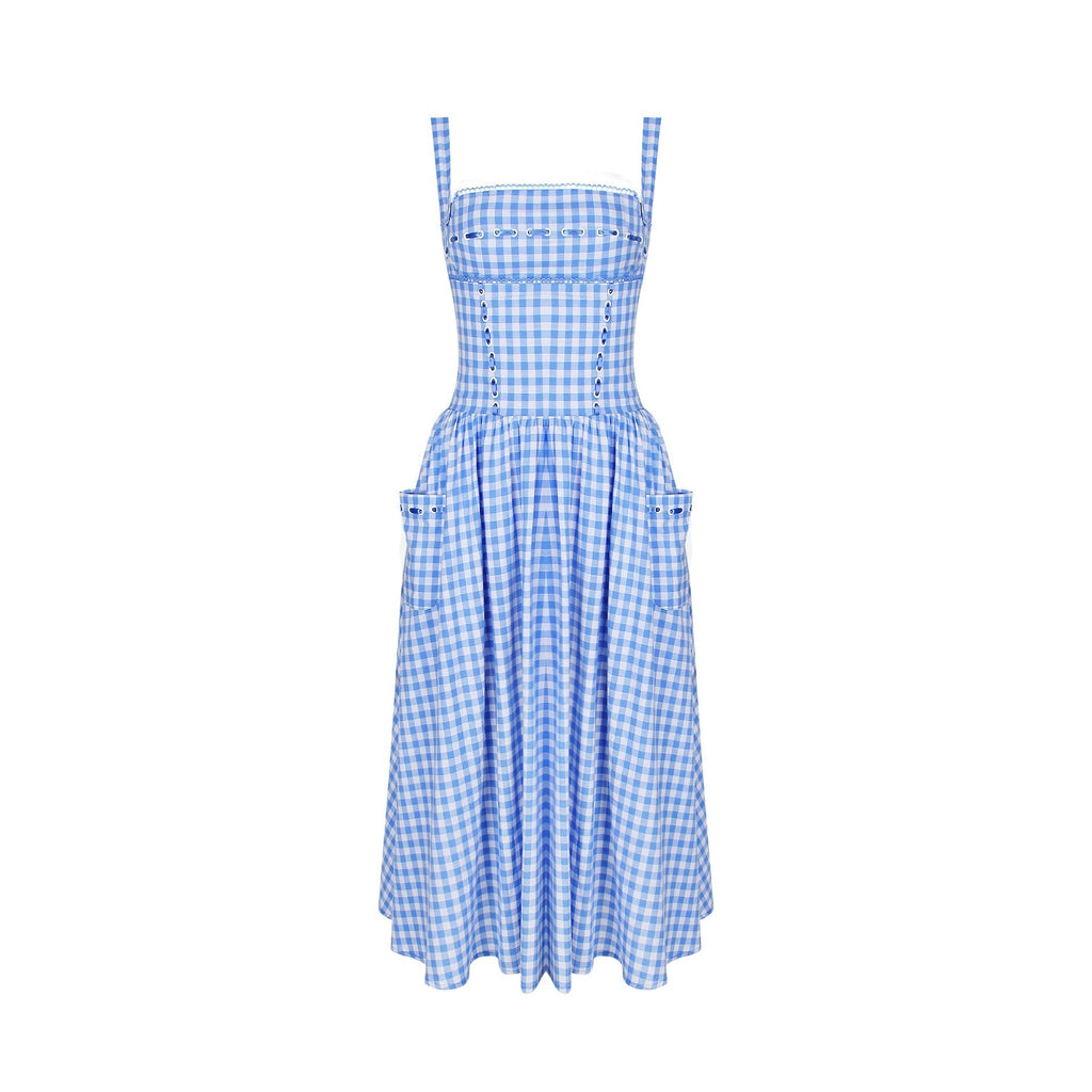 Pastoral Mid Length Blue Plaid Sling Dress High Sense Vacation Dress