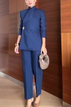 Elegant Women’s Navy Blue Pantsuit – Slim Fit Blazer with Asymmetric Button and Tailored Trousers for Business Office Wear