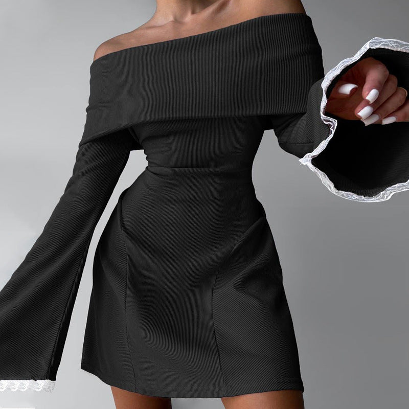 off Shoulder Horn Long Sleeve Short Dress Lace Slim Fit Dress