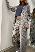 Comfort first Leopard Print Pocket Long Sleeve Cardigan Elastic Waist Pants Set