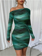 Stitch sheer mesh see through abstract off shoulder mini dress