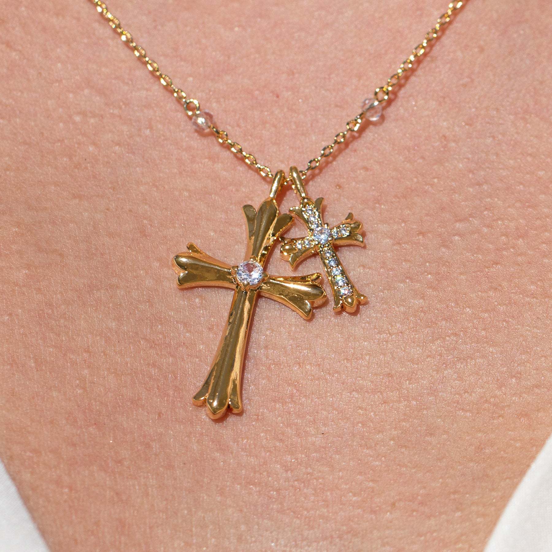 Hip Hop Style Bead Chain Cross Pendant Zirconia Necklace