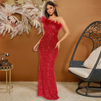 Black Paillette Feather Stitching Sequin Evening Dress Maxi Dress for