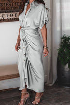 Luv Satin Tie Front Midi Shirt Dress Olive