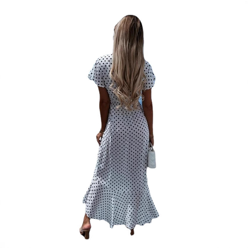 Yolanda Chic Women's Asymmetrical Maxi Dress with Dots and Low Waist Elevated Occasion Wear