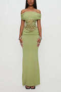 Women's Spring/Summer New Solid Color Off Shoulder Splicing Lace Extra Long Slimming Dress