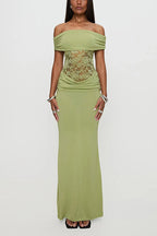 Women's Spring/Summer New Solid Color Off Shoulder Splicing Lace Extra Long Slimming Dress