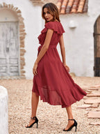 Red Carpet Ruffle Wrap High Low Maxi Dress Maroon FINAL