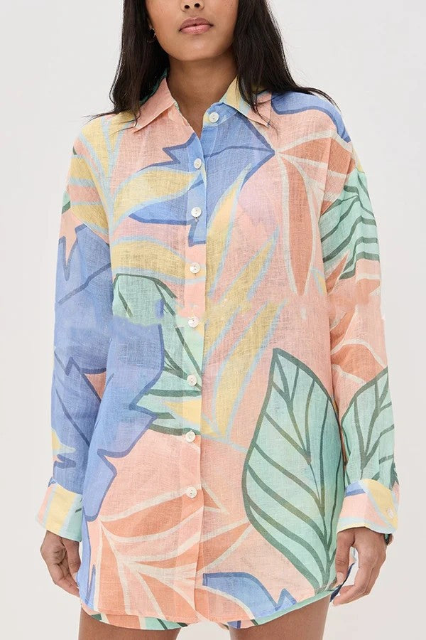 Bella Linen Blend Colorful Unique Print Long Sleeve Blouse and Elastic Waist Pocket Loose Shorts Set