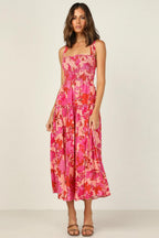 Edris Cotton Floral Tiered Midi Dress Coral Pink