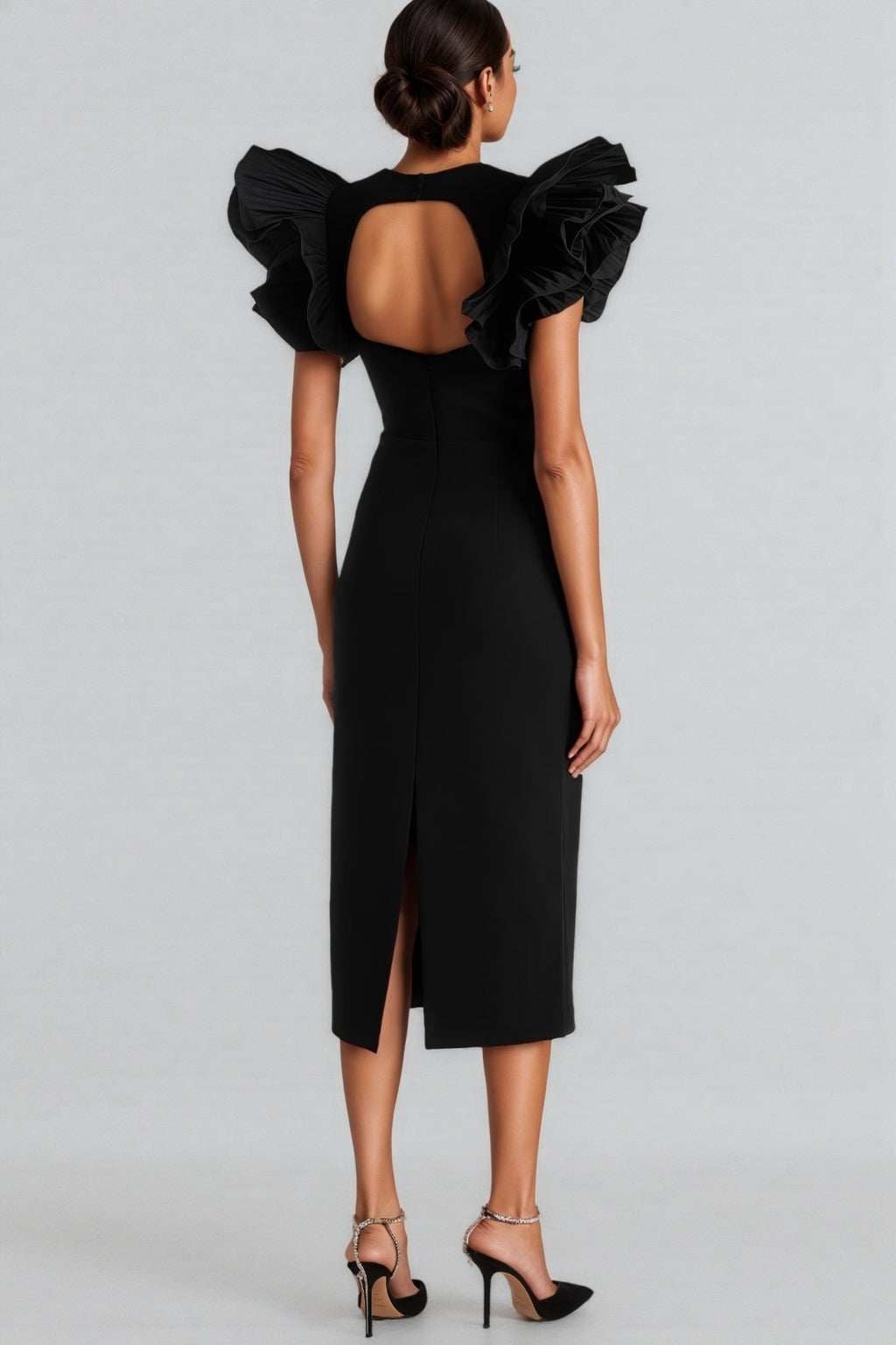 Starsha Black Puff Sleeve Midi Dress