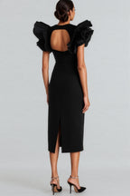 Starsha Black Puff Sleeve Midi Dress