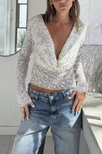 Fashionable Sequined Fishnet Casual Long-sleeved Top