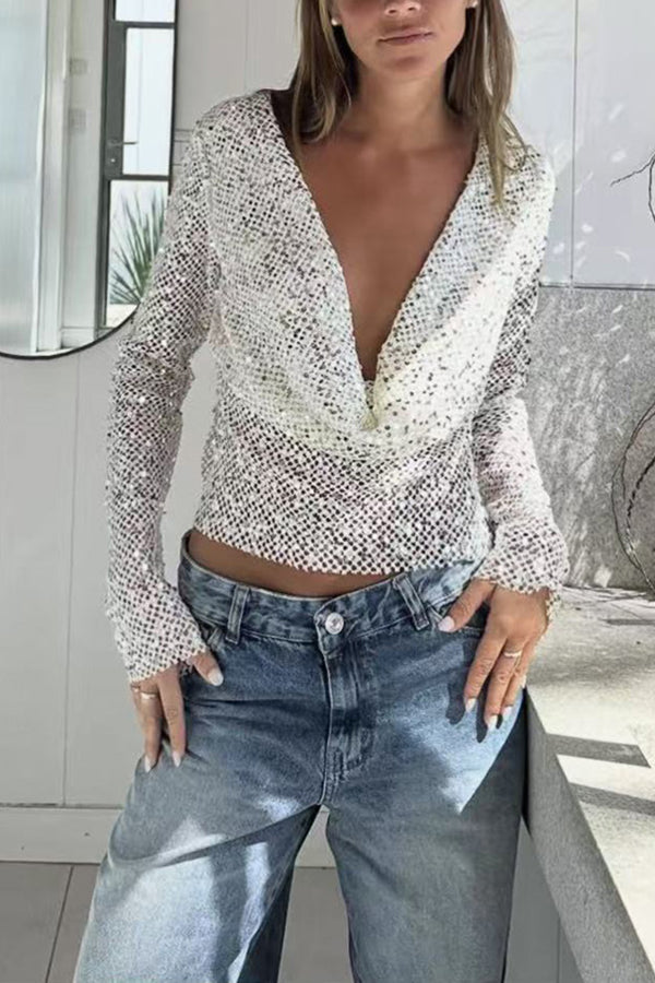 Fashionable Sequined Fishnet Casual Long-sleeved Top