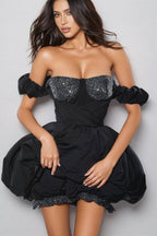 Xavias Black Rhinestone Strapless Mini Dress