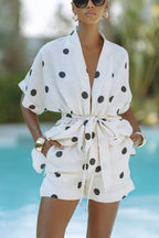 Playful Linen Blend Polka Dot Tie-up Kimono Top and Elastic Waist Pocket Shorts Set