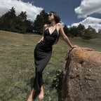 Fall Back Shaping Sling Vacation Deep V Plunge Neck Backless Maxi Dress