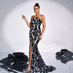Boat neckline hip-hugging sequined evening dress