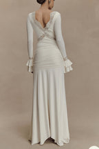 Fashion Lace Splicing Sexy V-neck Long-sleeved Slim Maxi Dress