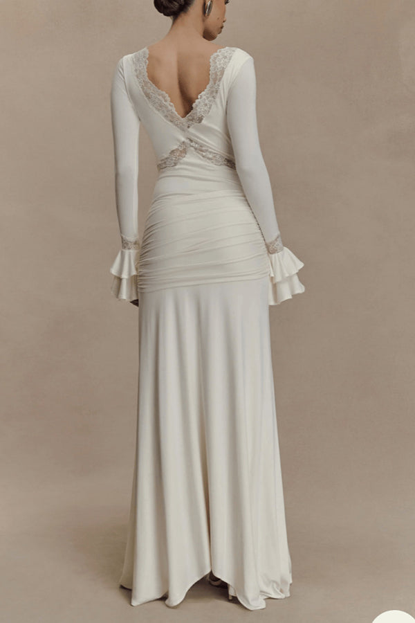 Fashion Lace Splicing Sexy V-neck Long-sleeved Slim Maxi Dress