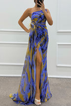 Fairy Watercolor Design Printed Feather Rose Details Off Shoulder Sexy Folded Open Skirt