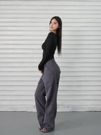 Slim-Fit Button-Up Ribbed Long Sleeve Top