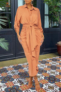 Essence Satin Tie Front Midi Shirt Dress Orange