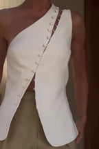 Full of Design Solid Color One Shoulder Asymmetric Slit Button Casual Vest