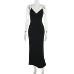 Fall Back Shaping Sling Vacation Deep V Plunge Neck Backless Maxi Dress