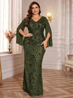 plus Size Sequined Long Sleeve Evening Cocktail Slim Fit Fishtail Long Toast Dress