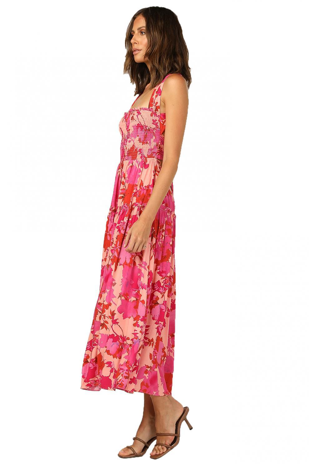 Edris Cotton Floral Tiered Midi Dress Coral Pink