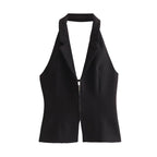 Canvas Halter Neck Backless Lapel Vest