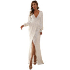 Office Slimming White Long Sleeve Solid Color Dress