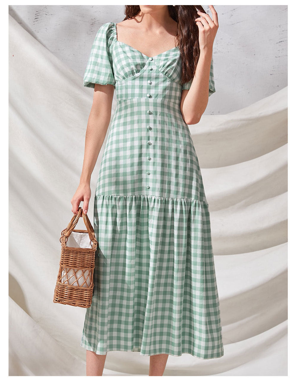 Rye Puff Sleeve Gingham Midi Dress Hunter Green