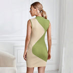 Sunken Stripe Color Contrast Patchwork Design Slim Sheath Dress