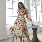 Embroidered Printed Waist off - Shoulder Dress Low - Cut Mesh Large Organza