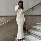 Solid Color Woolen Dress Long Sleeve U Collar Slim Fit Dress
