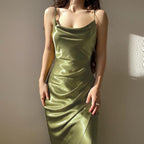Turn Of Events Satin Midi Slip Dress Olive