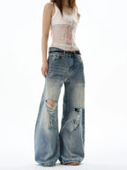 Heavy Knee Distressed Wide Leg Blue Jeans