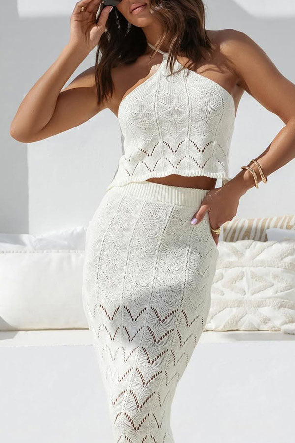 Solid Knit Hollow Halter Top and Stretch Fit Maxi Skirt Set