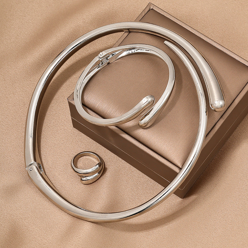 3 Piece Heavy Geometric Bracelet, Ring & Necklace Set